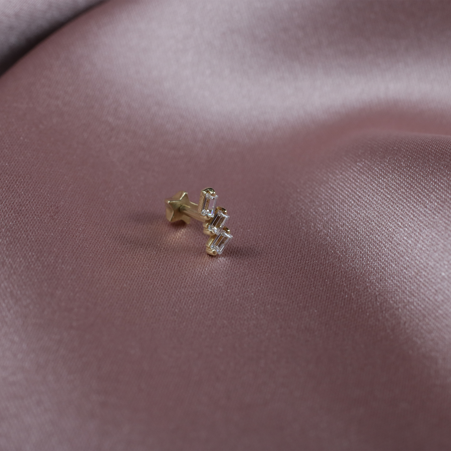 Triple Baguette Flatback Ear Piercing 14K Gold with CZ Stone