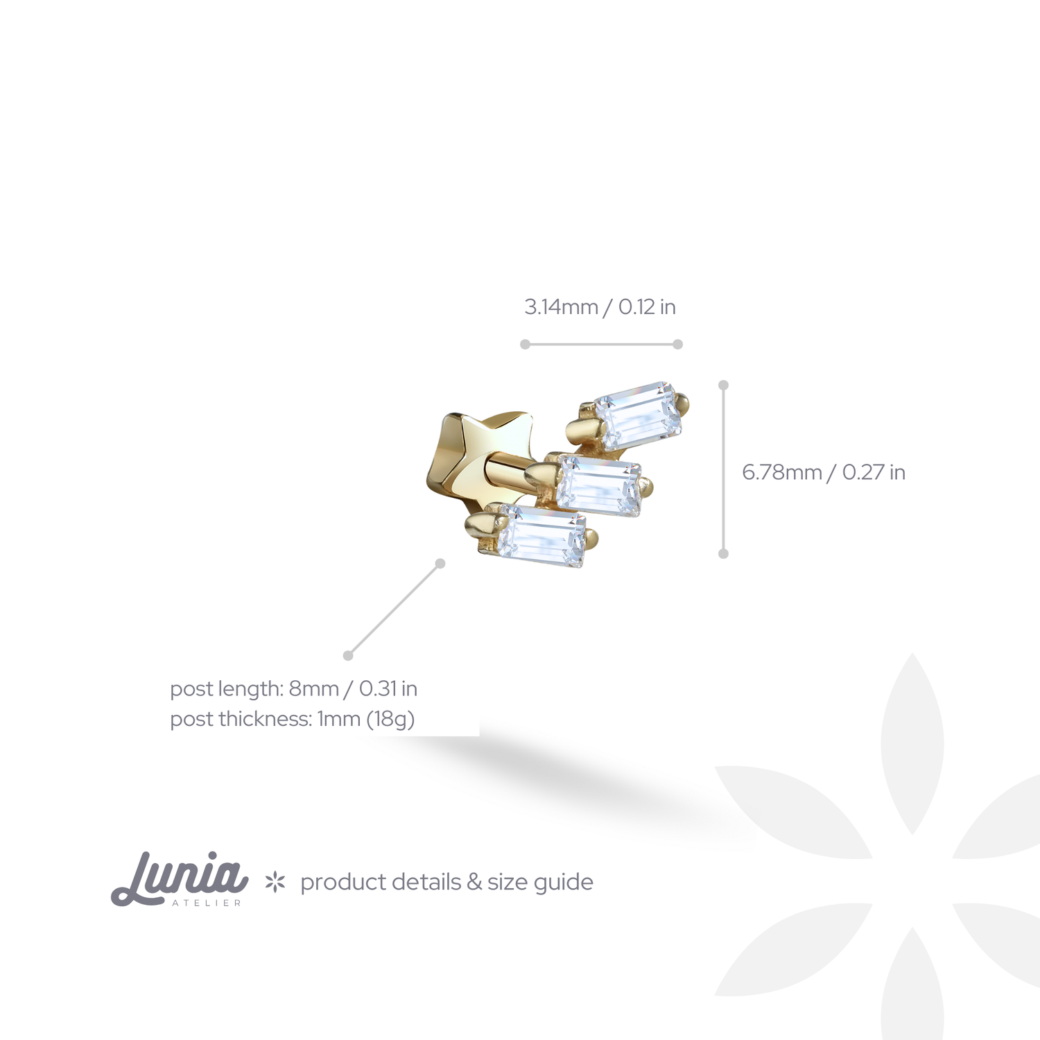 Triple Baguette Flatback Ear Piercing 14K Gold with CZ Stone