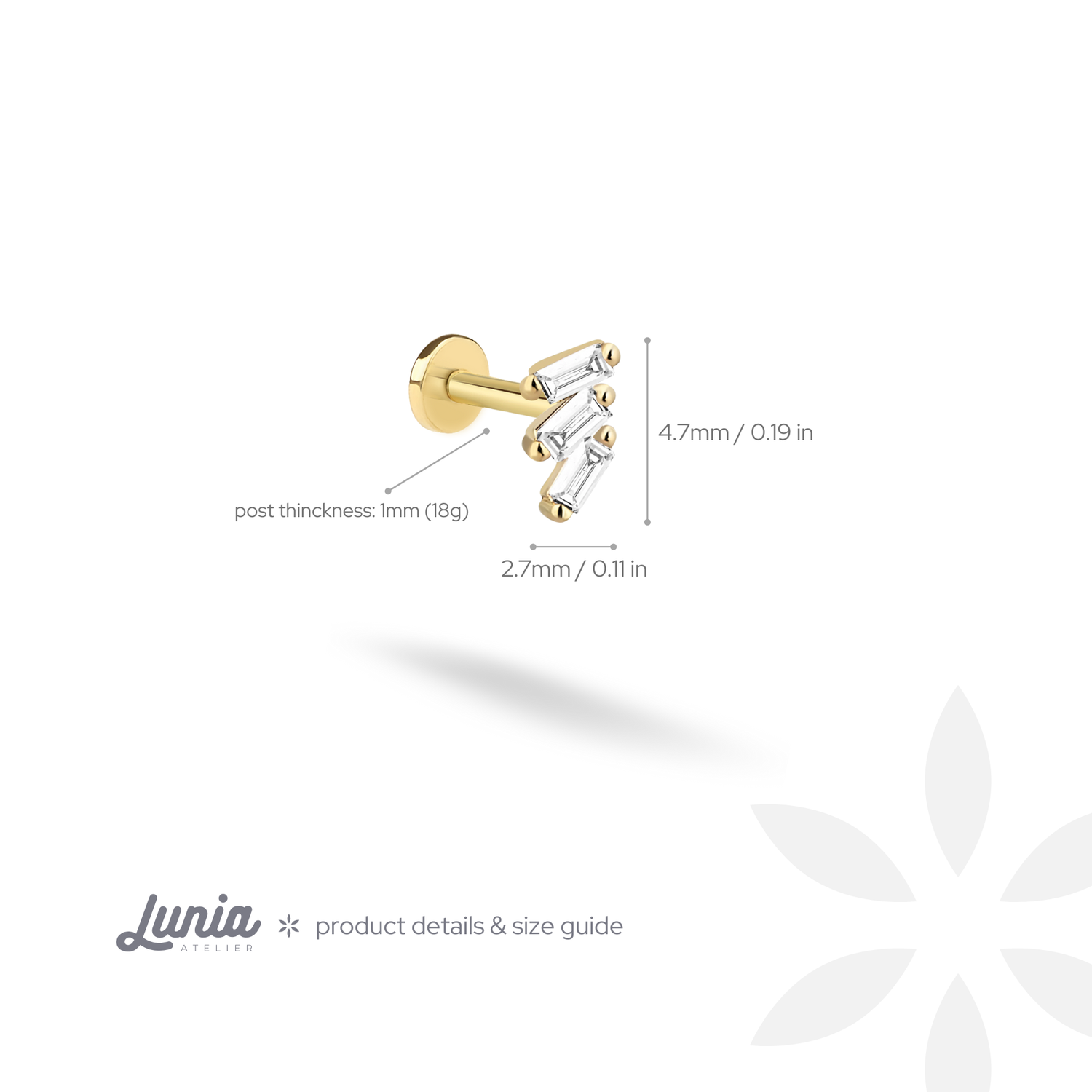 Triple Baguette Diamond Stone CZ Flatback Ear Piercing 14K Gold