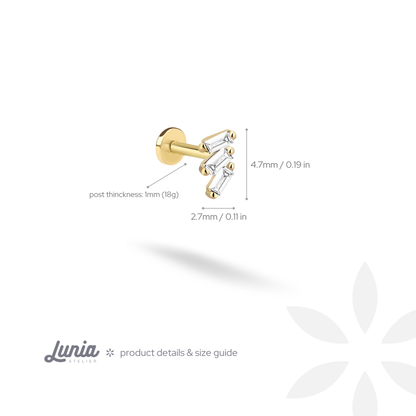 Triple Baguette Diamond Stone CZ Flatback Ear Piercing 14K Gold