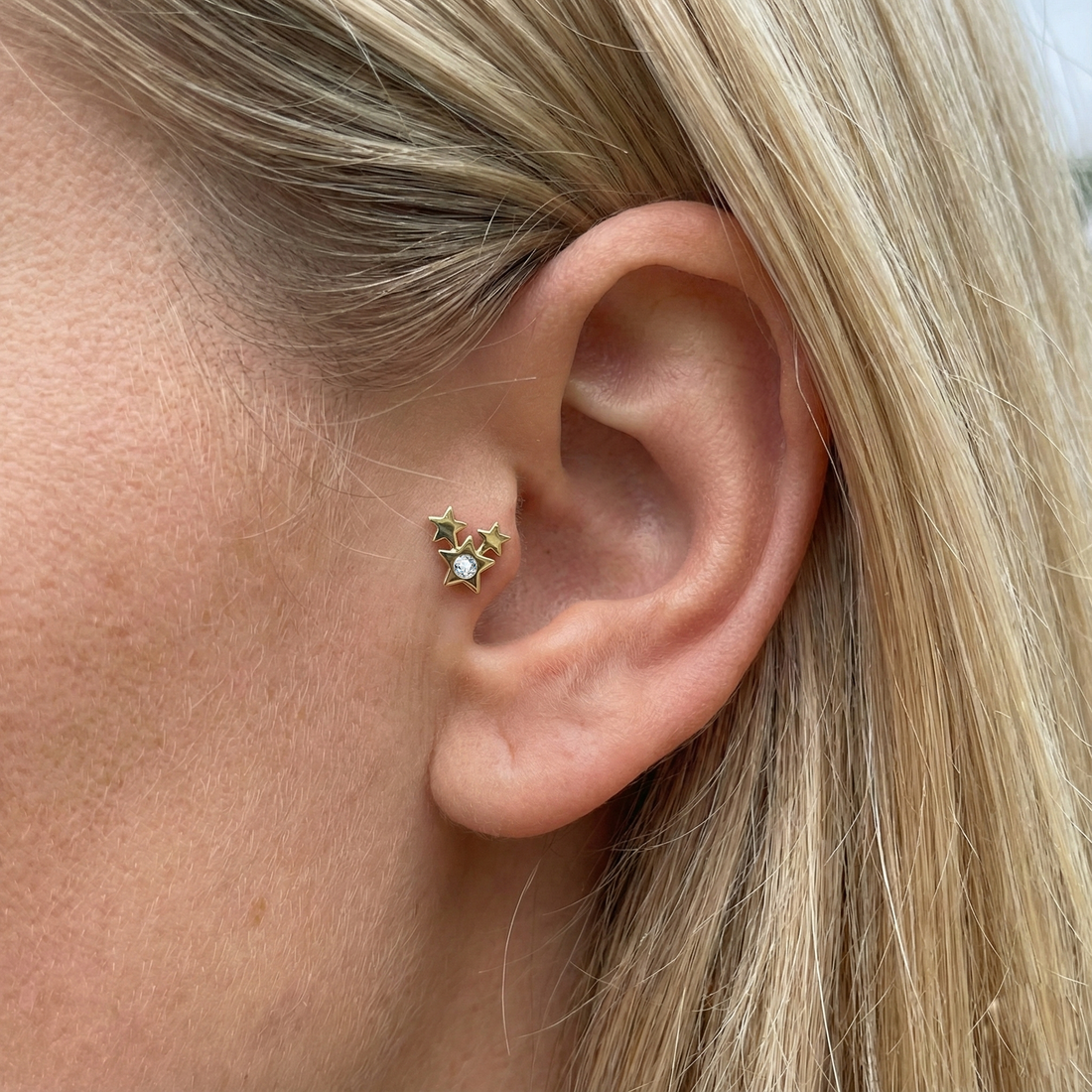 Triple Star Diamond Flatback Ear Piercing 14K CZ Gold