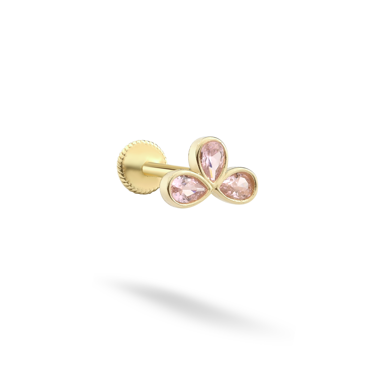 Twinkling Pink Triple Flatback Ear Piercing 14K Gold with CZ Stone