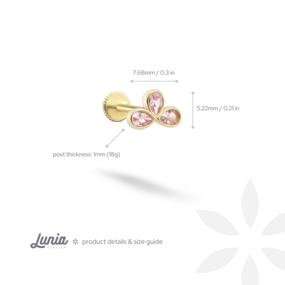 Twinkling Pink Triple Flatback Ear Piercing 14K Gold with CZ Stone