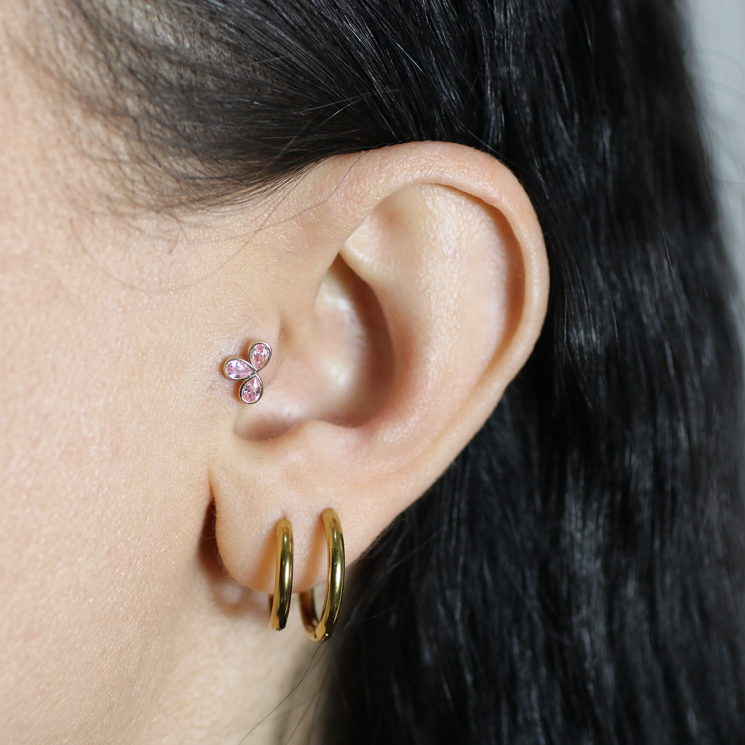 Twinkling Pink Triple Flatback Ear Piercing 14K Gold with CZ Stone