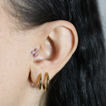Twinkling Pink Triple Flatback Ear Piercing 14K Gold with CZ Stone