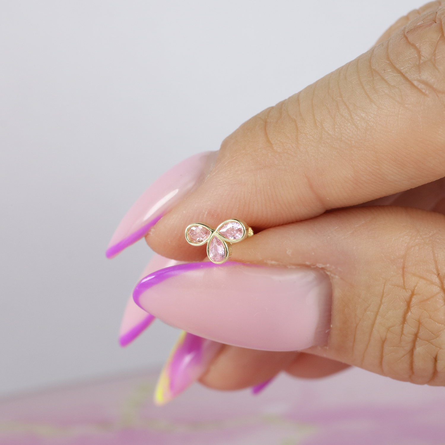 Twinkling Pink Triple Flatback Ear Piercing 14K Gold with CZ Stone
