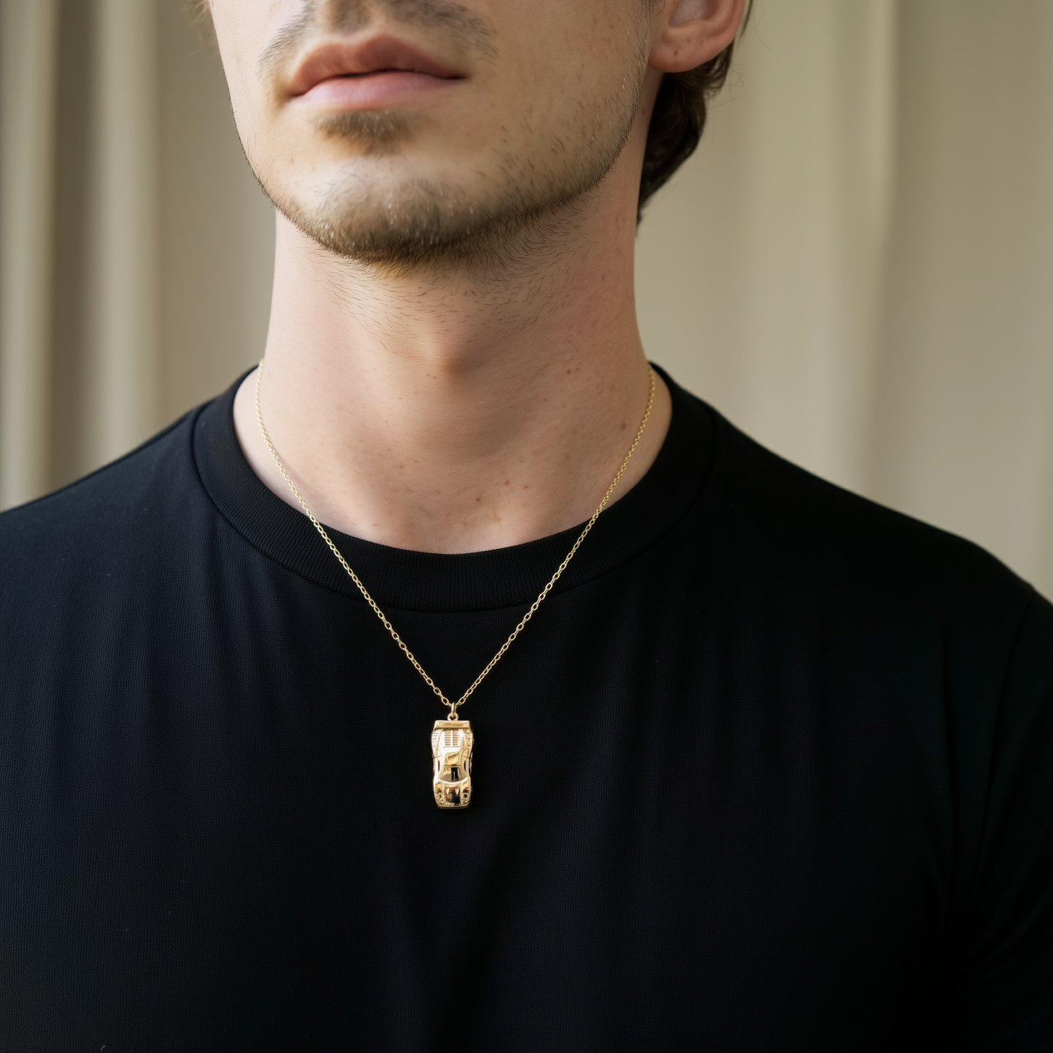 Close-up view of V12 Supercar Diecast Model Car Necklace showing hand crafted diecast pendant