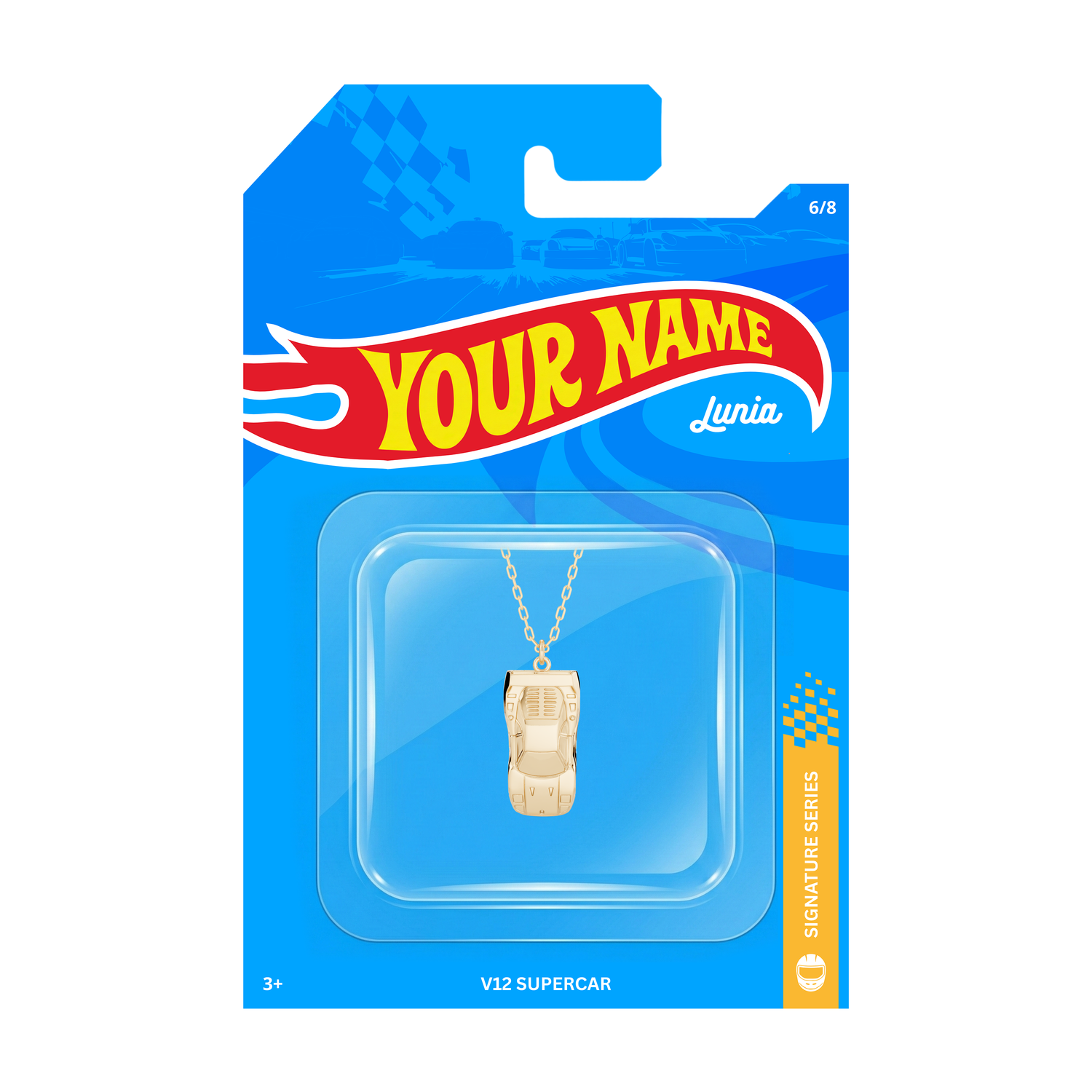 Luxury V12 Supercar Diecast Model Car Necklace worn as a stylish automotive jewelry accessory