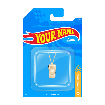 Luxury V12 Supercar Diecast Model Car Necklace worn as a stylish automotive jewelry accessory