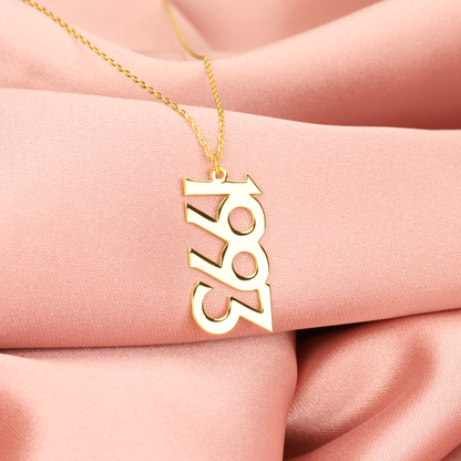 Engraved Vertical Year Date Necklace 14K Gold