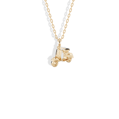 Vintage Scooter Diecast Model Motorcycle Necklace 14K Gold with detailed biker pendant design