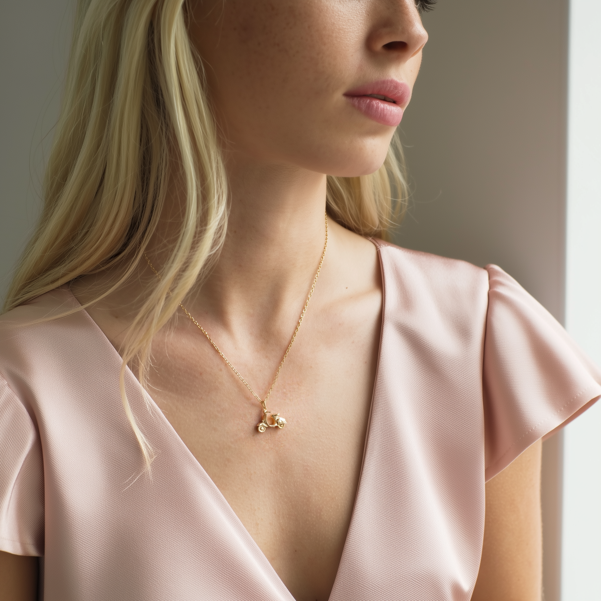 Biker Necklace featuring Vintage Scooter gold motorcycle pendant on chain