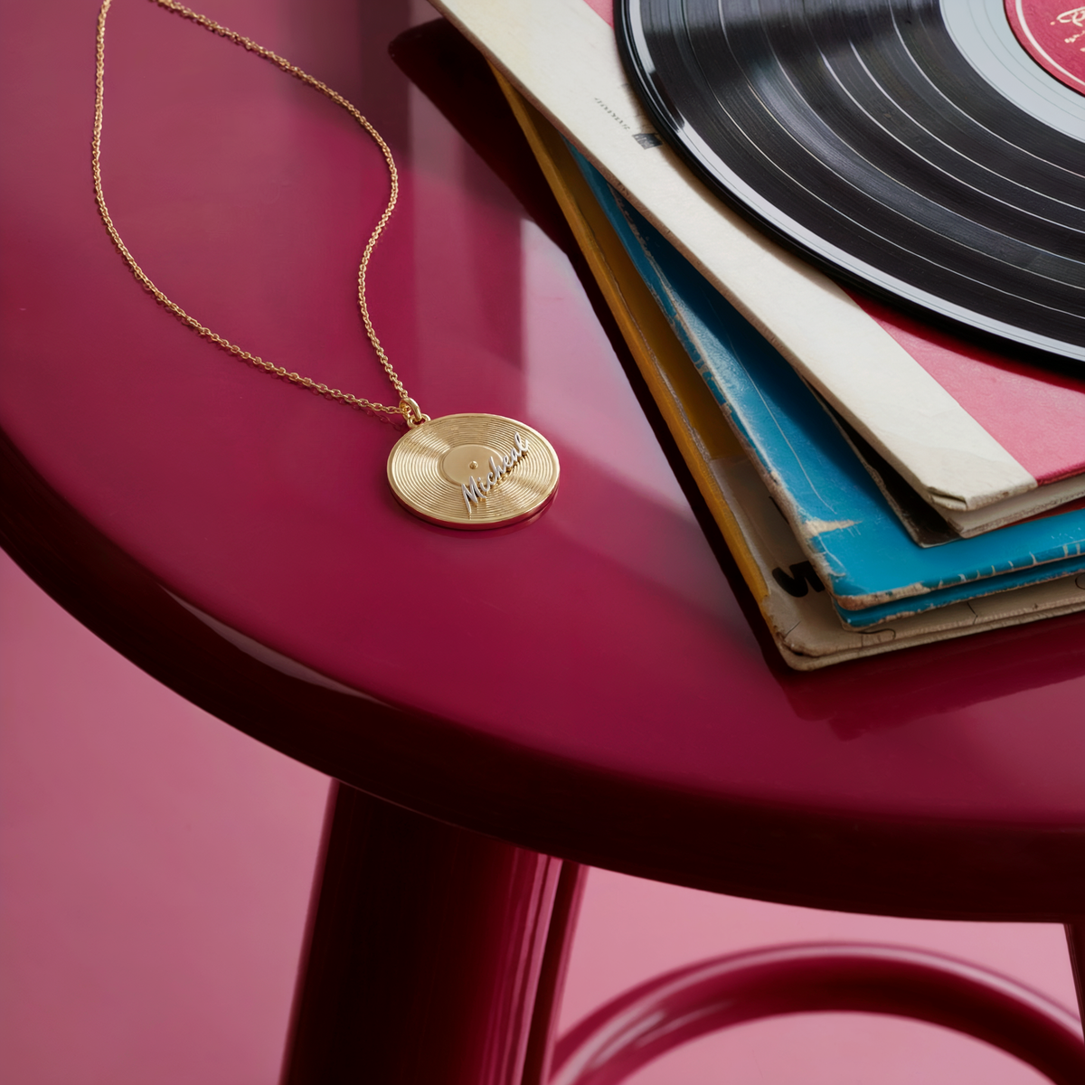 Personalized vinyl record name necklace in solid 14K gold, a custom back to school jewelry gift
