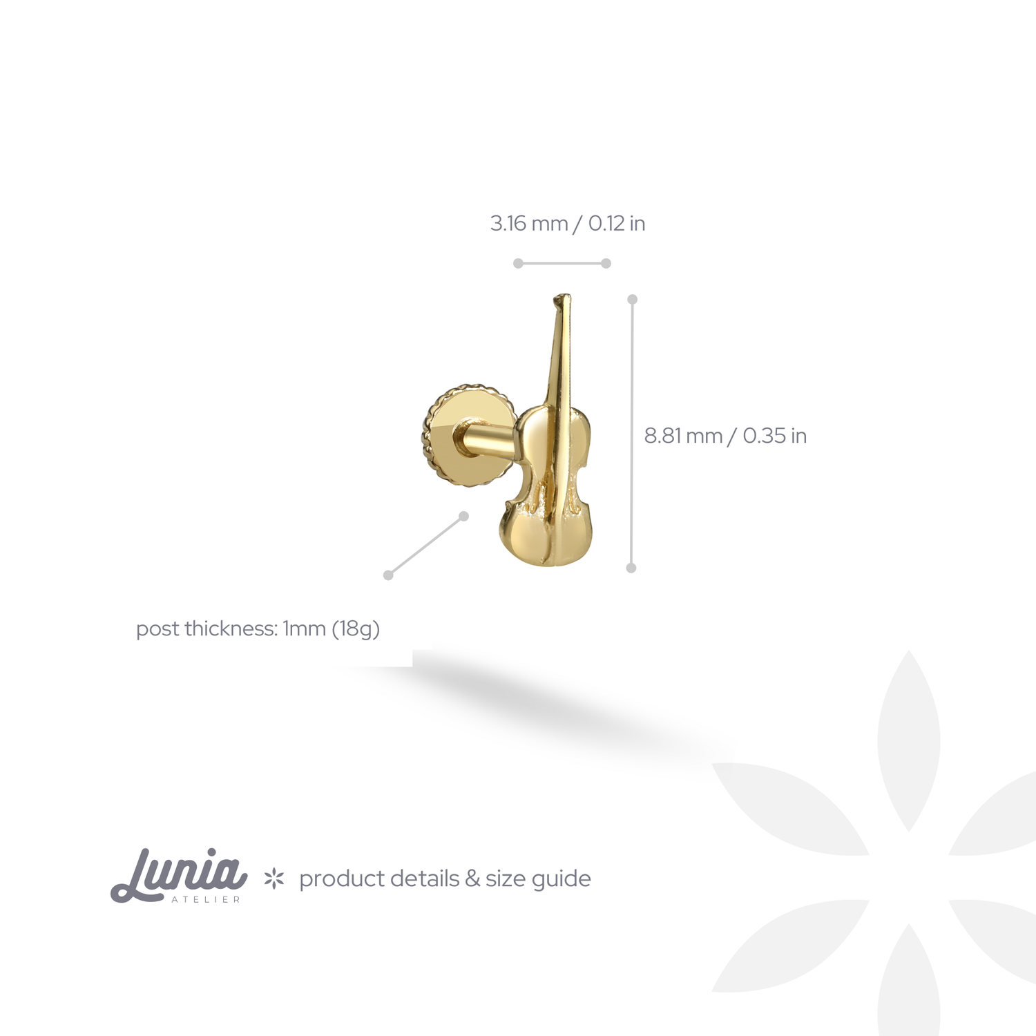 Violin Flatback Ear Piercing 14K Gold