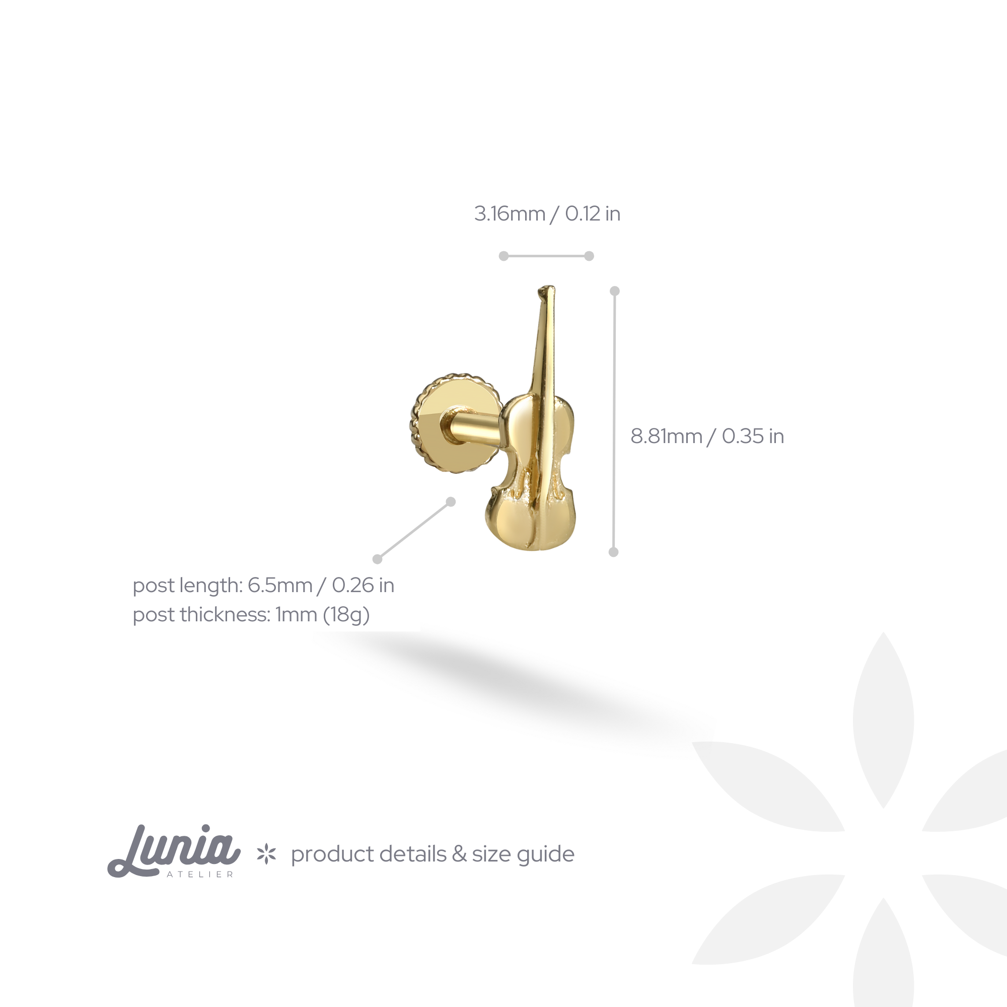 Violin Flatback Ear Piercing 14K Gold