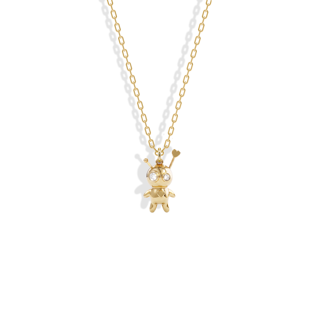 Stitch lines and a stone heart on the Voodoo Doll Stone Diamond Pendant Necklace 14K Gold / Silver in yellow gold