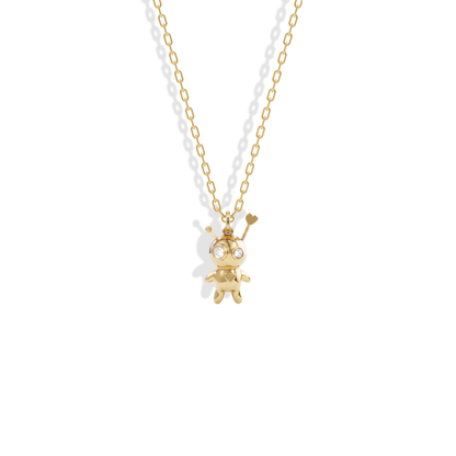 Stitch lines and a stone heart on the Voodoo Doll Stone Diamond Pendant Necklace 14K Gold / Silver in yellow gold