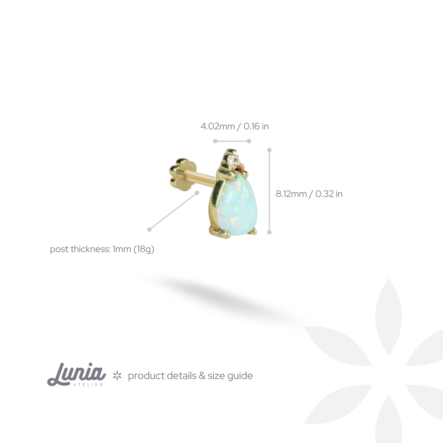 White Drop Flatback Ear Piercing 14K Gold with CZ Stone