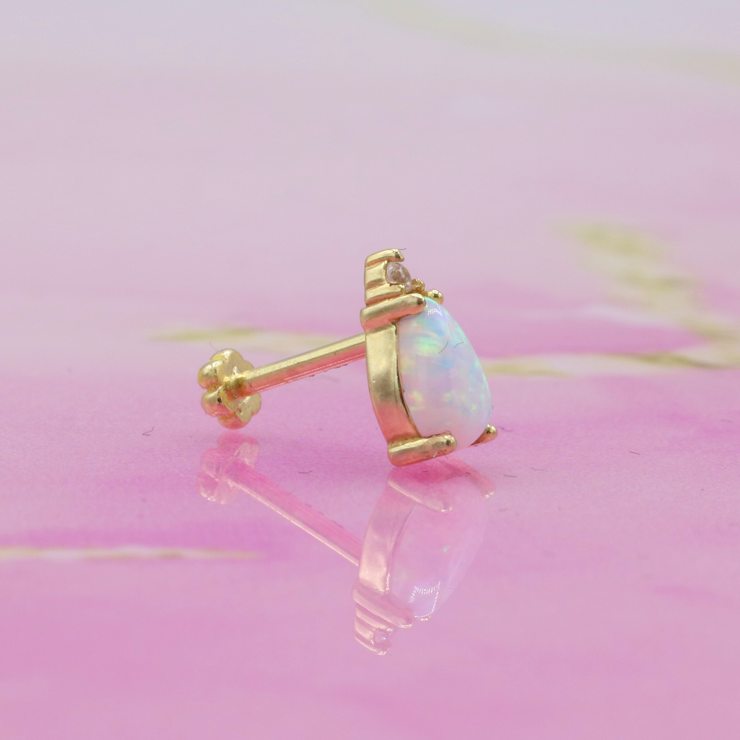 White Drop Flatback Ear Piercing 14K Gold with CZ Stone