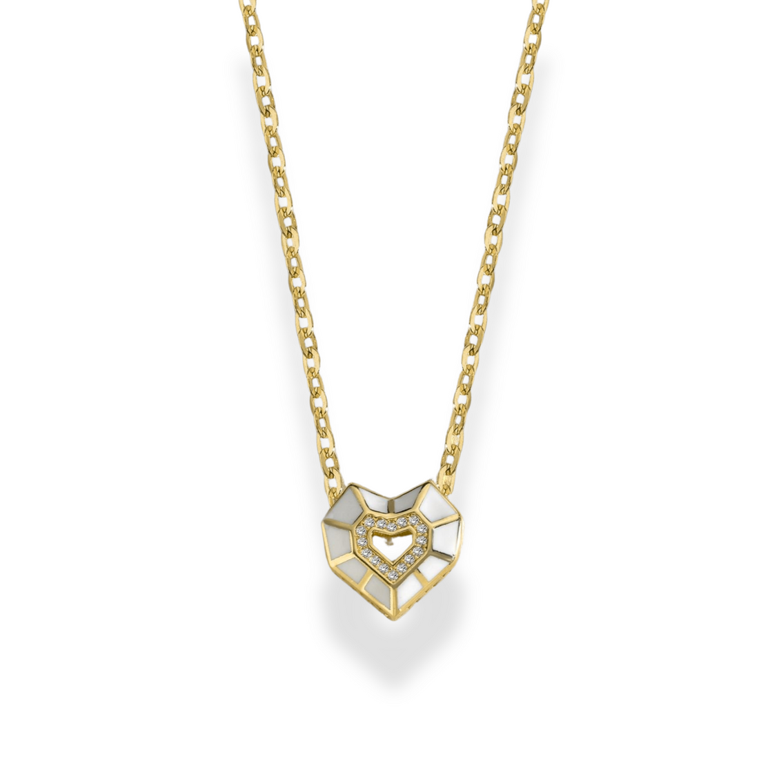 White Mosaic Heart Diamond Necklace 14K Gold