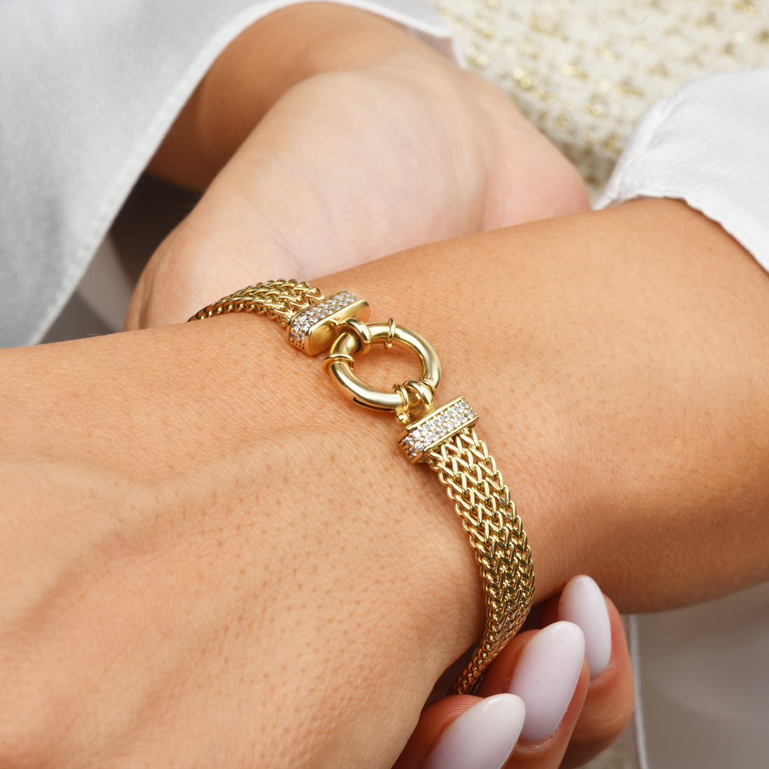 Wicker Braid Triple Chain Bracelet 14K Gold